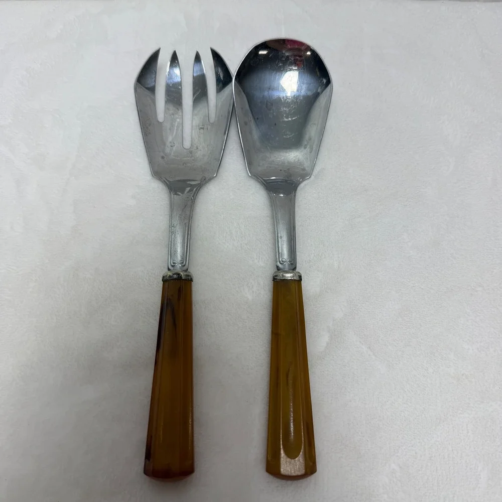 VTG Butterscotch Amber Marbled‎ Salad Serving Set Fork and Spoon MCM Retro Farm